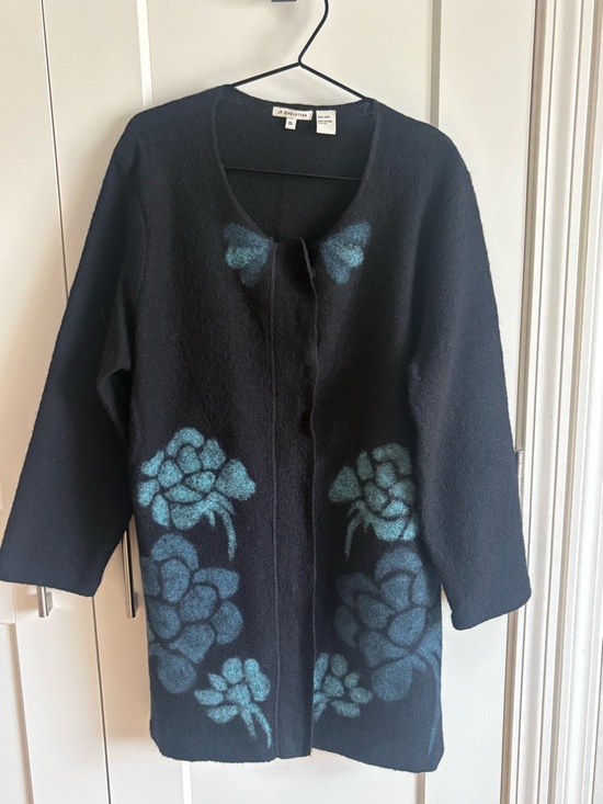 JP. Evolution Sweaters - Black Open-Front Wool Cardigan with Teal Floral Accents